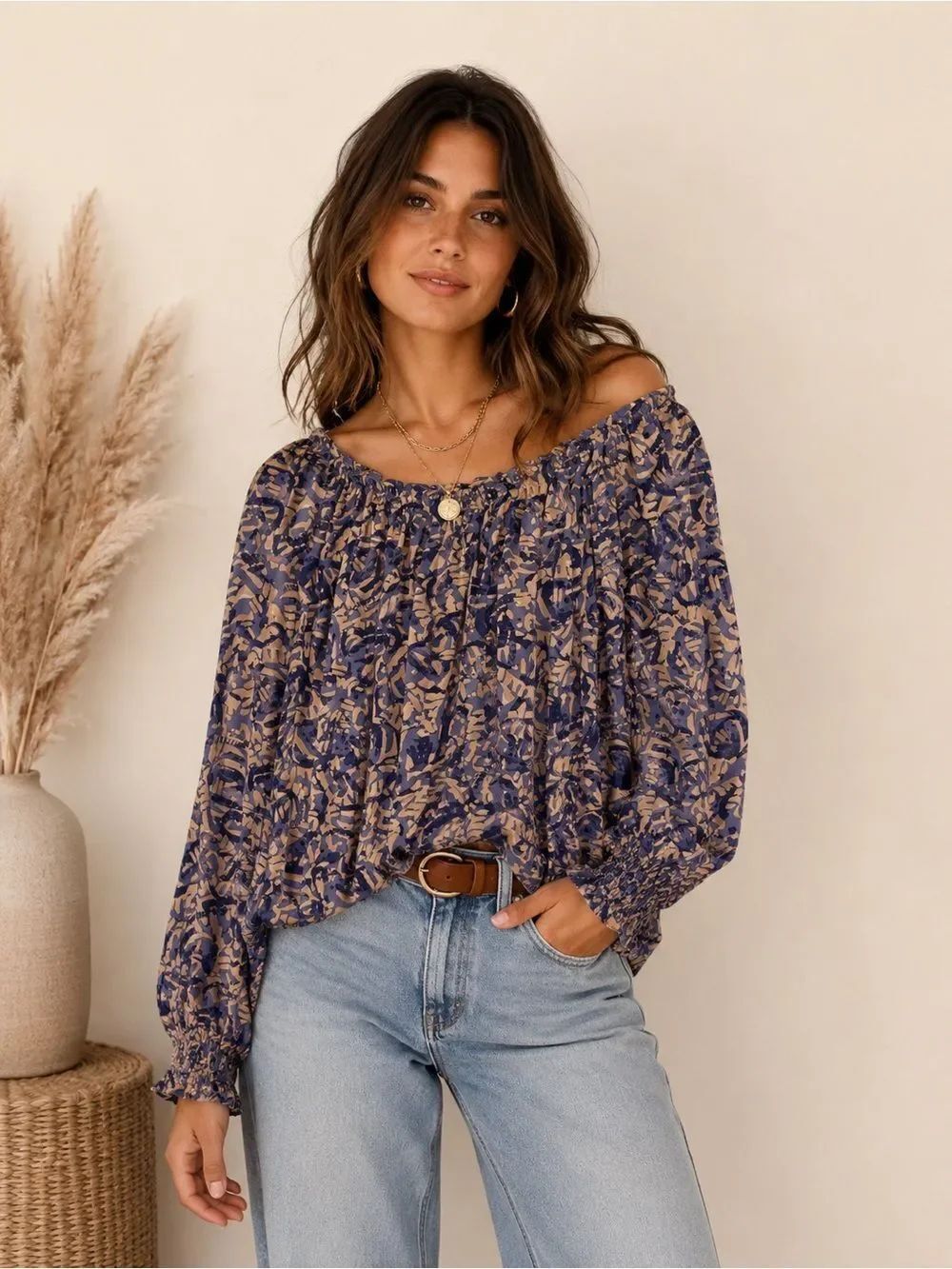 Anthropologie beachlunchlounge Blue and Yellow Boho Chic Off-Shoulder Floral Top